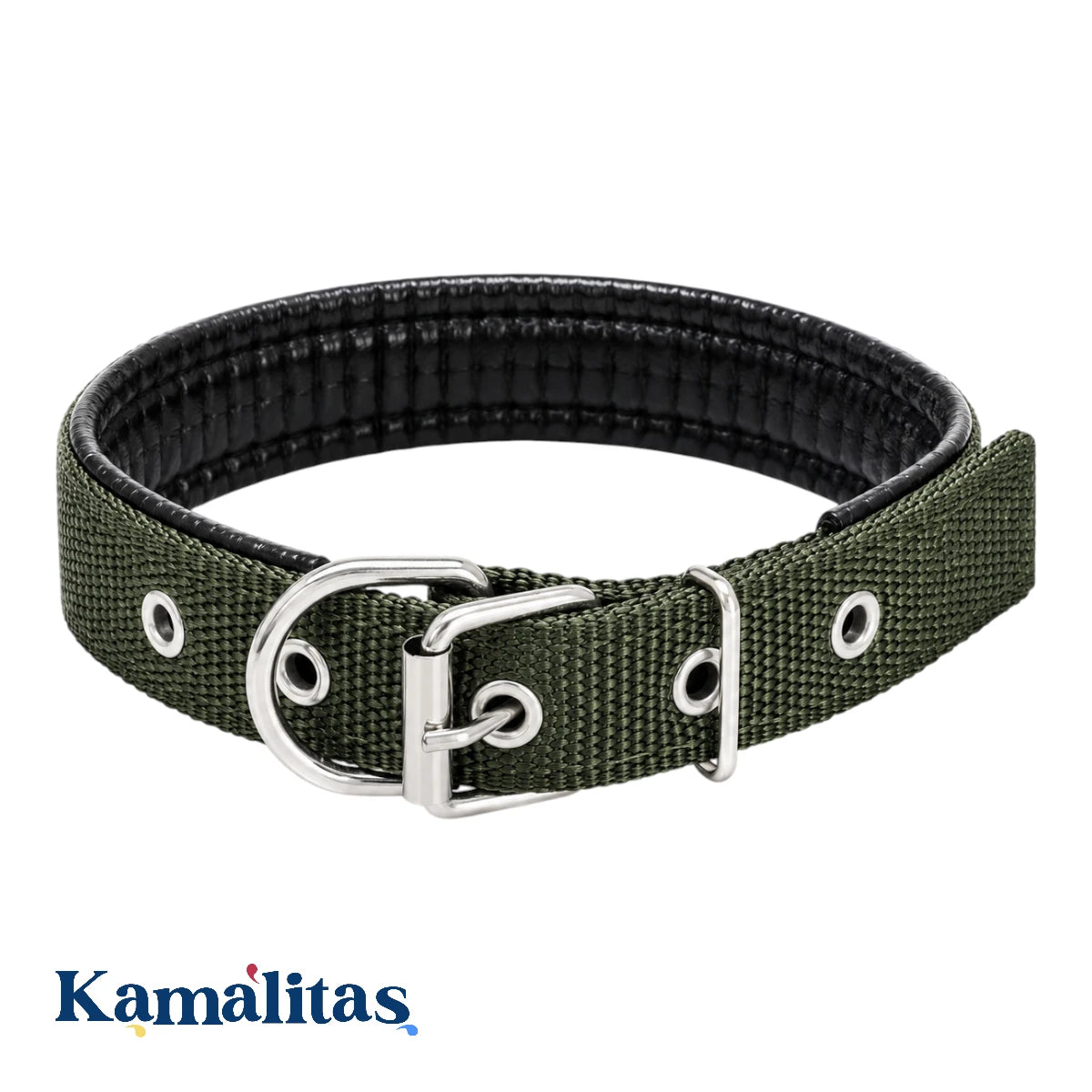 Collar reforzado verde militar para perro con forro interior suave tipo piel, ajuste con hebilla tradicional y ojales metálicos reforzados.