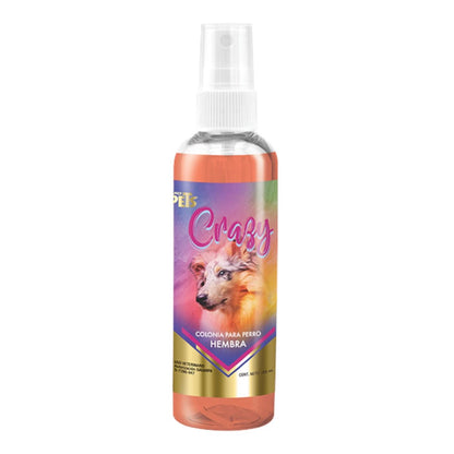 Envase de 125ml de la colonia Crazy de Fancy Pets para perra hembra, con atomizador y etiqueta en tonos rosas y violetas, en Kamalitas.