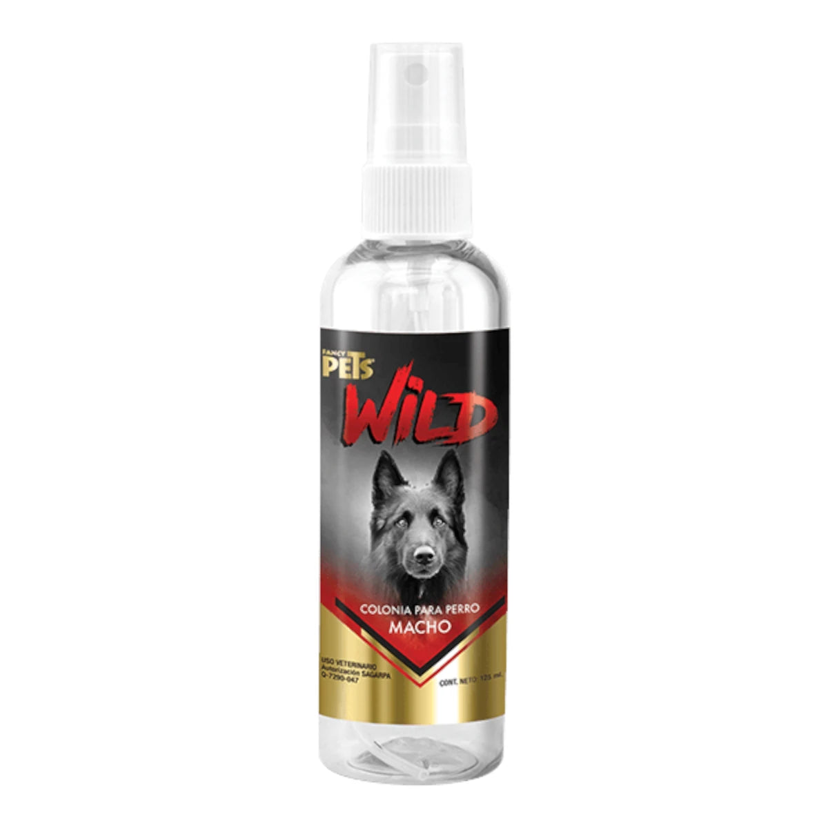Botella transparente de 125 mililitros de la colonia para perro macho Wild de Fancy Pets, destacando su etiqueta negra con la imagen de un lobo y detalles dorados, en Kamalitas.