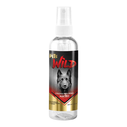 Botella transparente de 125 mililitros de la colonia para perro macho Wild de Fancy Pets, destacando su etiqueta negra con la imagen de un lobo y detalles dorados, en Kamalitas.