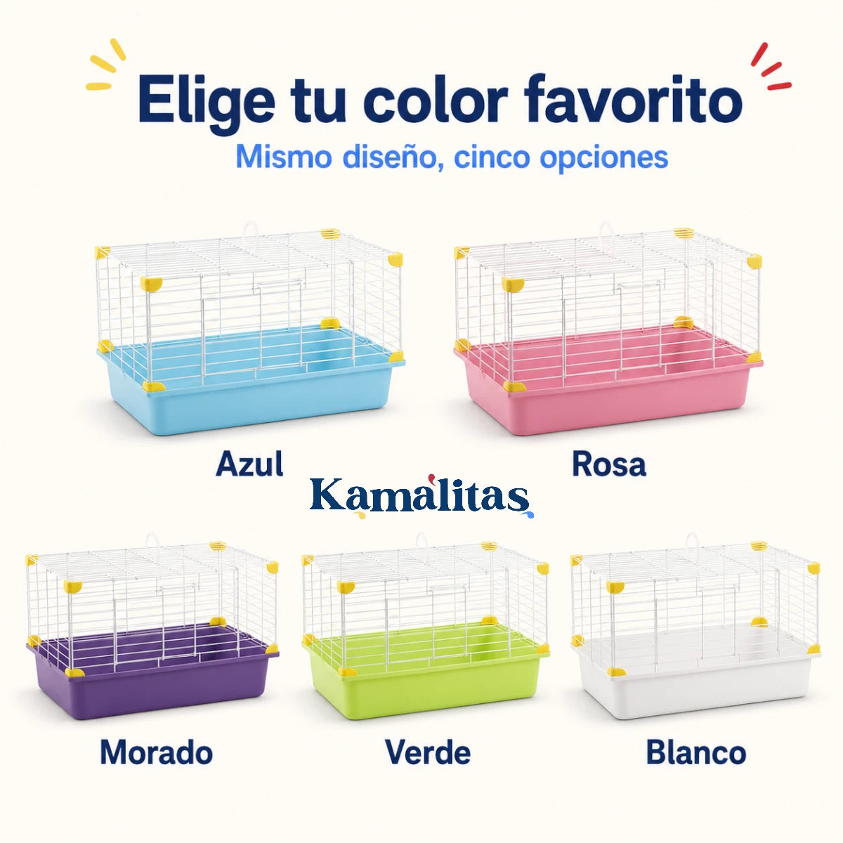 Jaula de viaje Sunny disponible en azul, rosa, morado, verde y blanco, con reja blanca y clips amarillos.