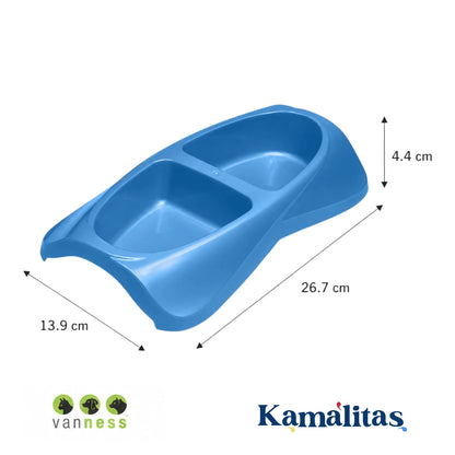 Comedero doble para perro y gato color azul con medidas de 4.4 cm de alto, 13.9 cm de ancho y 26.7 cm de largo, ideal para servir agua y alimento en mascotas pequeñas.