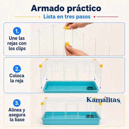 Instrucciones en tres pasos para unir las rejas con los clips, colocarlas y asegurarlas sobre la base de la jaula Sunny.