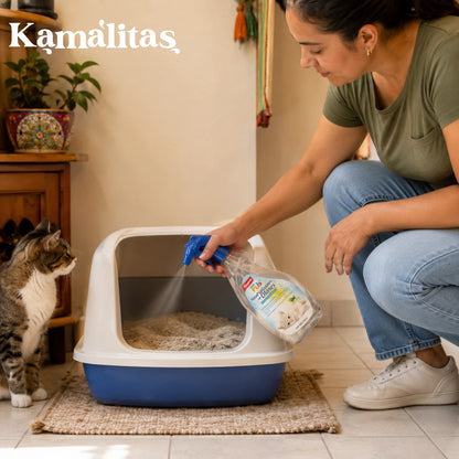 Una mujer aplicando el spray neutralizador directamente en la arena para encapsular los olores desagradables mientras su gato observa con total calma y seguridad, en Kamalitas.