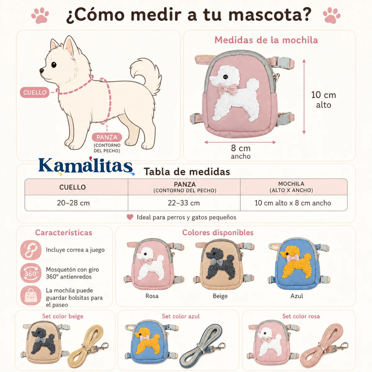 Infografía de cómo medir a perros y gatos pequeños para elegir arnés con mochila, con medidas de cuello, panza y tamaño de mochila.