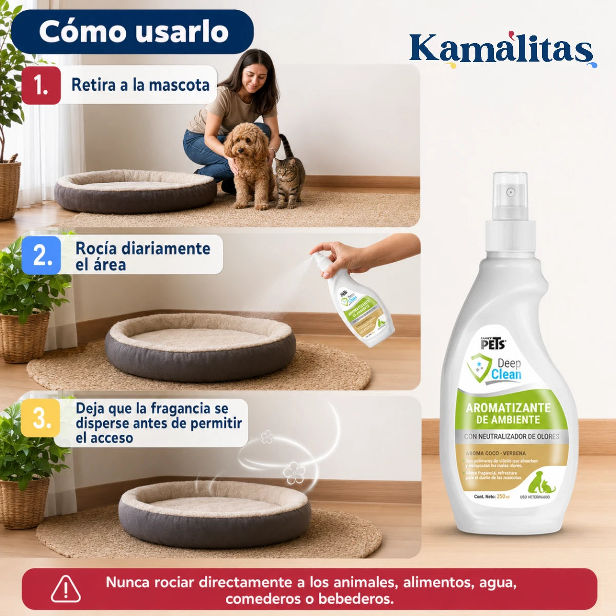 Instrucciones para rociar diariamente el aromatizante Deep Clean en los espacios que frecuentan las mascotas.