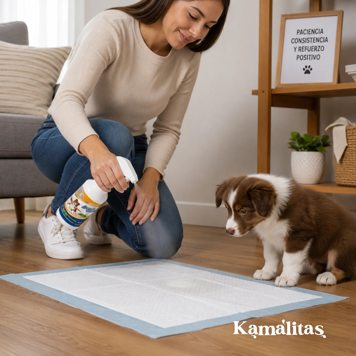 Persona aplicando atrayente para cachorros Fancy Pets en el área designada para enseñar al perro dónde orinar dentro del entrenamiento en ca