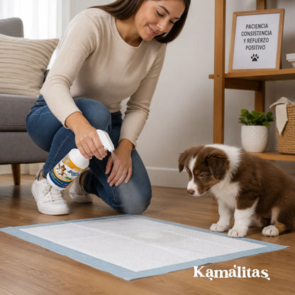 Persona aplicando atrayente para cachorros Fancy Pets en el área designada para enseñar al perro dónde orinar dentro del entrenamiento en ca