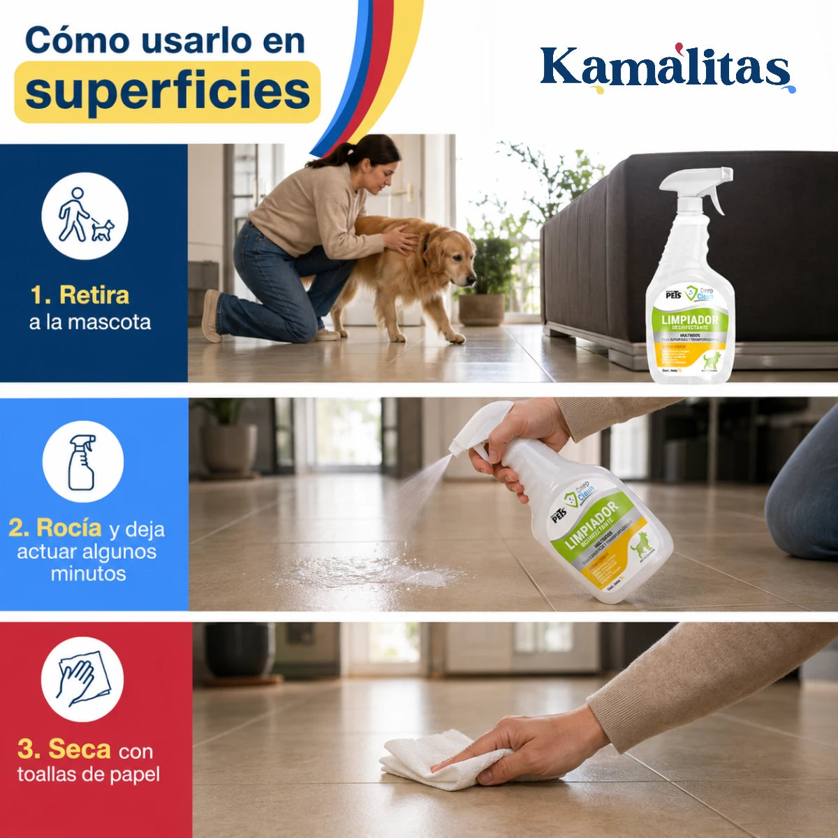 Instrucciones para usar Deep Clean: retirar a la mascota, rociar la superficie y secar con papel