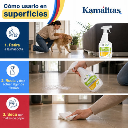 Instrucciones para usar Deep Clean: retirar a la mascota, rociar la superficie y secar con papel