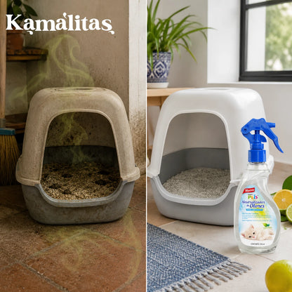 Imagen comparativa que muestra un arenero sucio desprendiendo malos olores frente a un arenero cerrado impecable y fresco gracias a la aplicación del neutralizador cítrico Fancy Pets, en Kamalitas.