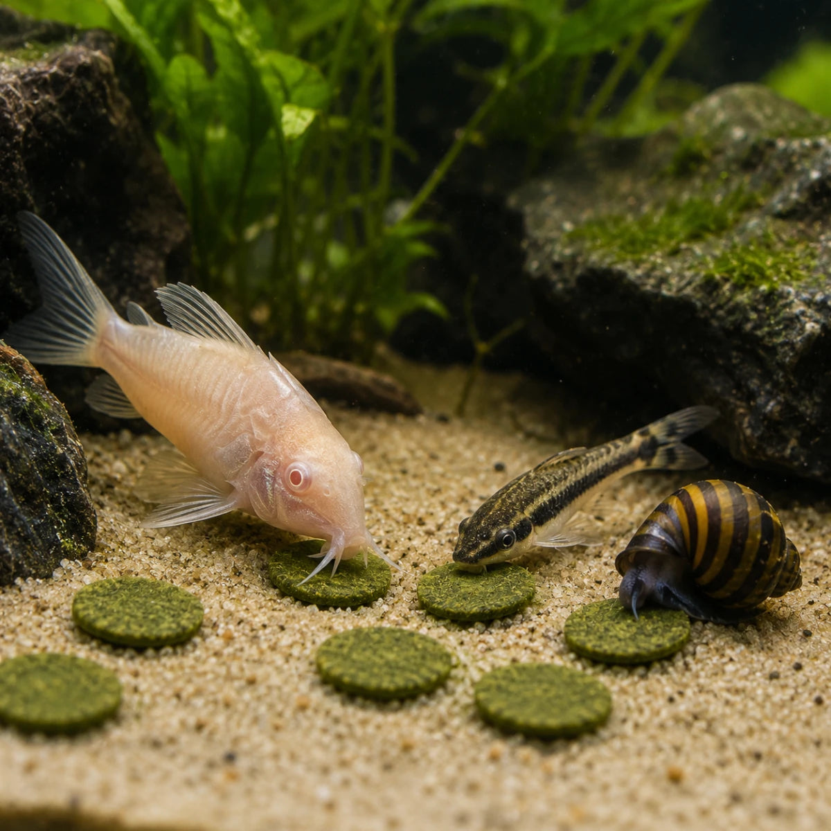 Pez coridora albina, otocinclus y un caracol cebra alimentándose de los discos verdes planos de Lomas en el fondo de arena fina de un acuario.
