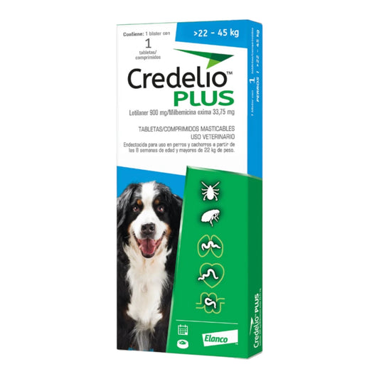 Caja de Credelio Plus para perros grandes de 22 a 45 kg, destacando la protección contra pulgas, garrapatas y parásitos internos.