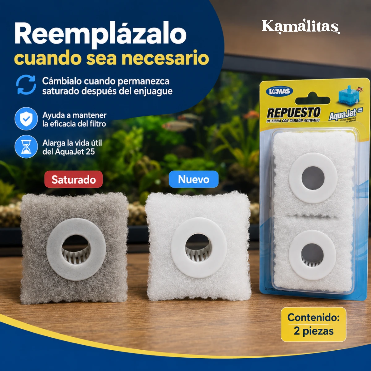 Comparación entre cartucho saturado y repuesto nuevo para mantener la eficacia del filtro AquaJet 25 Lomas