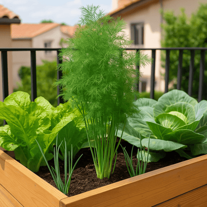Caja de cultivo en una terraza con plantas de eneldo, lechuga, cebolla y repollo creciendo bajo luz natural, ideal para huertos caseros en casa.