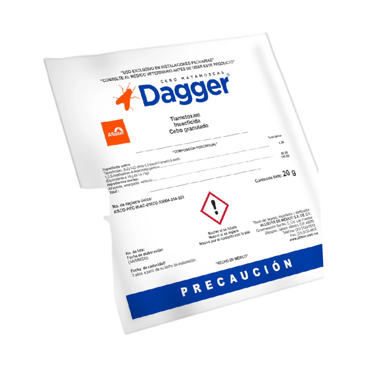 Sobre de Dagger cebo matamoscas granulado con tiametoxam, ideal para eliminar moscas domésticas en establos, pocilgas y gallineros.