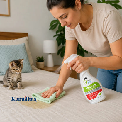 Persona usando Deep Clean Enzimagic Acción Orina Fancy Pets 250 ml sobre una cama con un gatito cerca, ideal para limpiar textiles y neutralizar olores de orina.