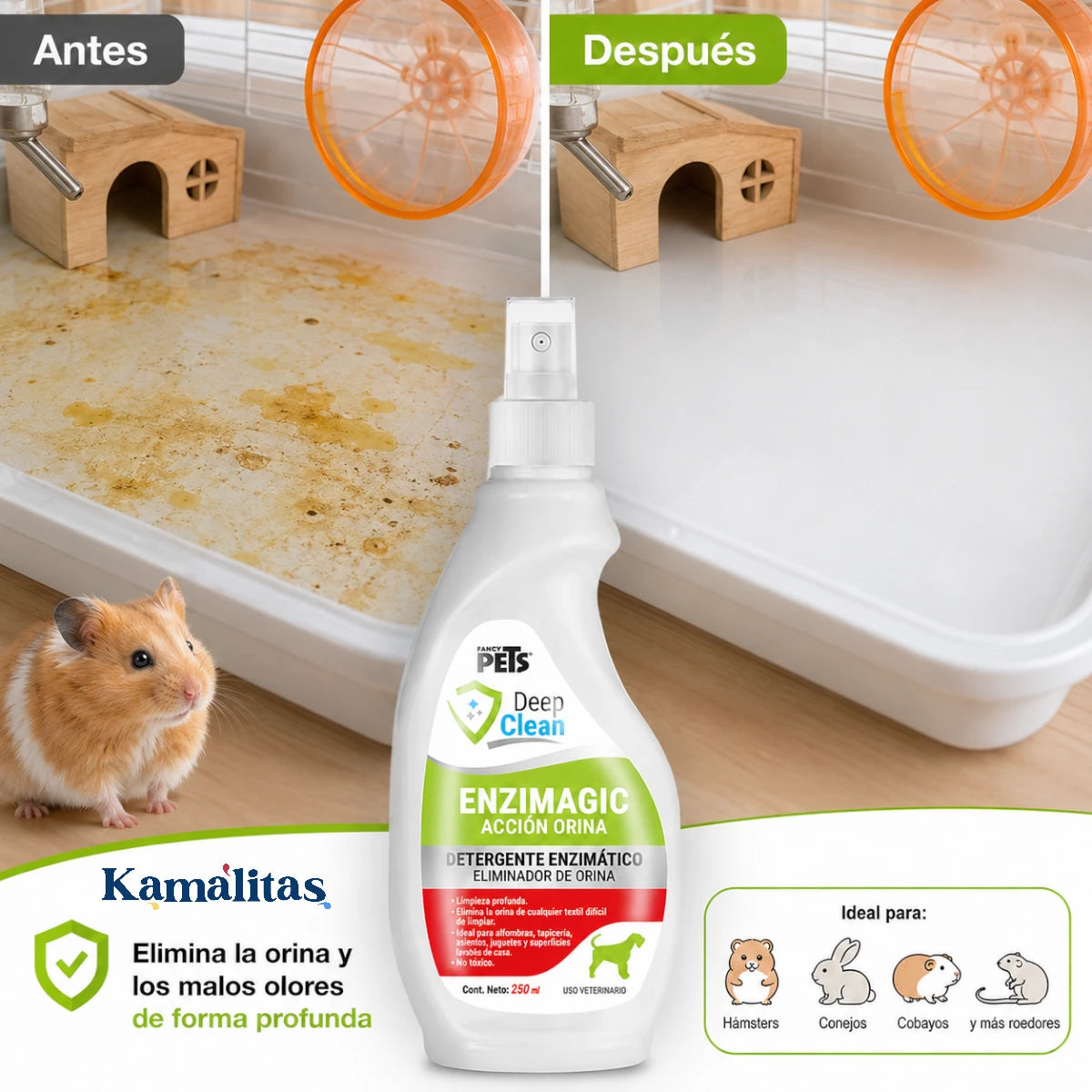 Comparativa antes y después del uso de Deep Clean Enzimagic Acción Orina Fancy Pets 250 ml en la base plástica de una jaula de hámster, ideal para eliminar orina y malos olores antes de colocar sustrato limpio.