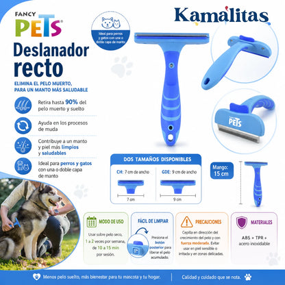 Infografía del deslanador recto Fancy Pets para perros y gatos, ideal para retirar pelo muerto, reducir la muda y mantener el manto saludable.