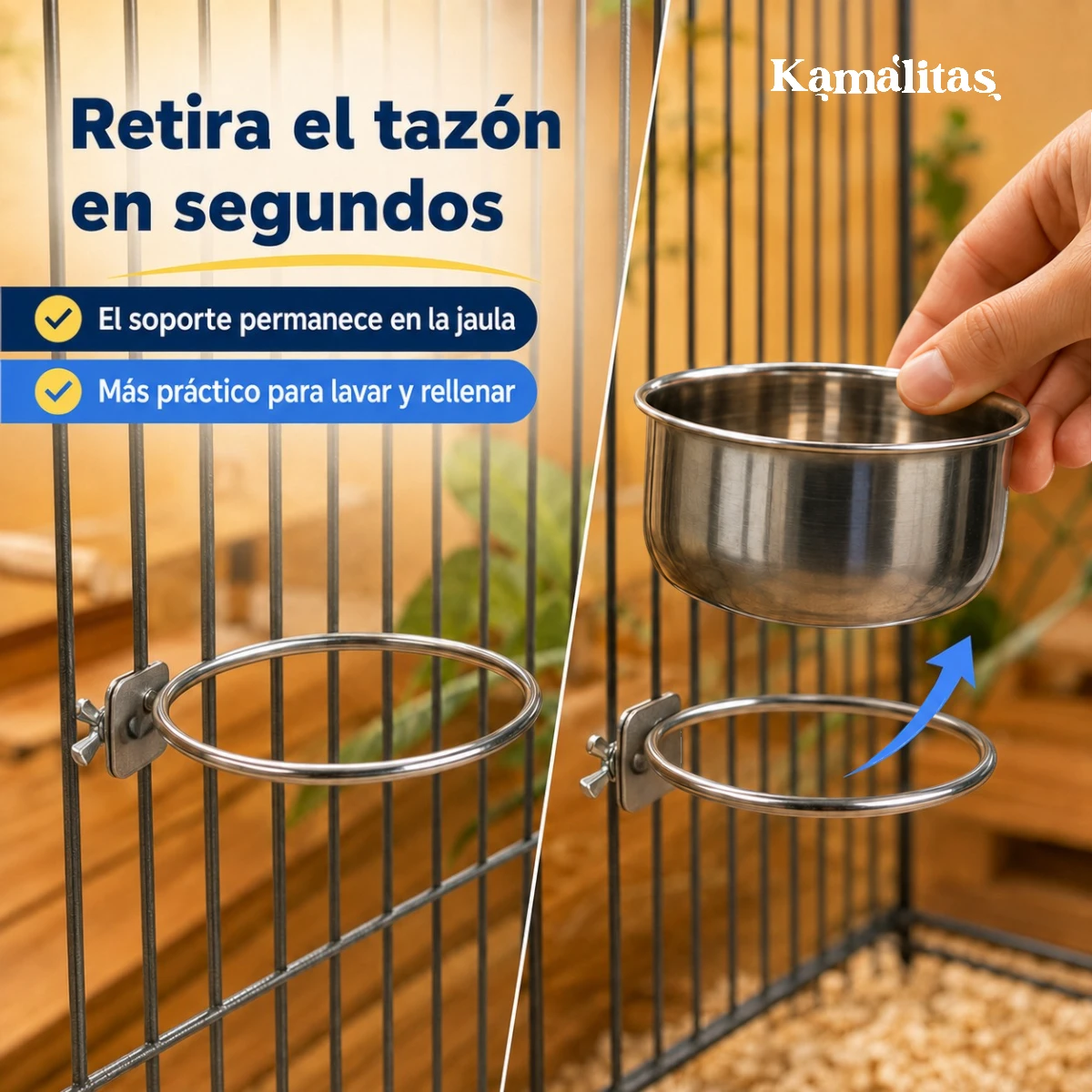 el tazón de acero inoxidable puede desmontarse rápidamente de la jaula para rutinas de limpieza, ya que el soporte se queda montado en la jaula.