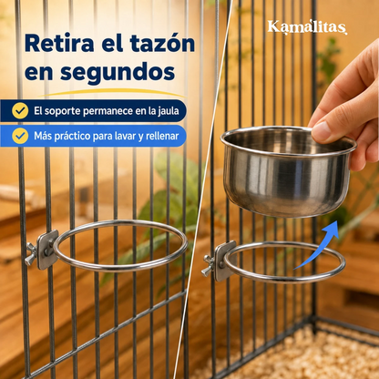 el tazón de acero inoxidable puede desmontarse rápidamente de la jaula para rutinas de limpieza, ya que el soporte se queda montado en la jaula.