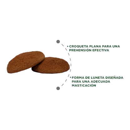 Acercamiento a la croqueta de Nupec Felino Hairball en forma de luneta diseñada para una masticación adecuada y prehensión efectiva.