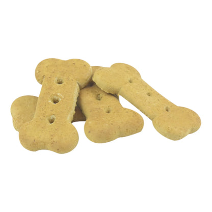 Vista detallada de las galletas Yummy en forma de hueso, mostrando su textura horneada ideal para el entrenamiento de perros con peso controlado.