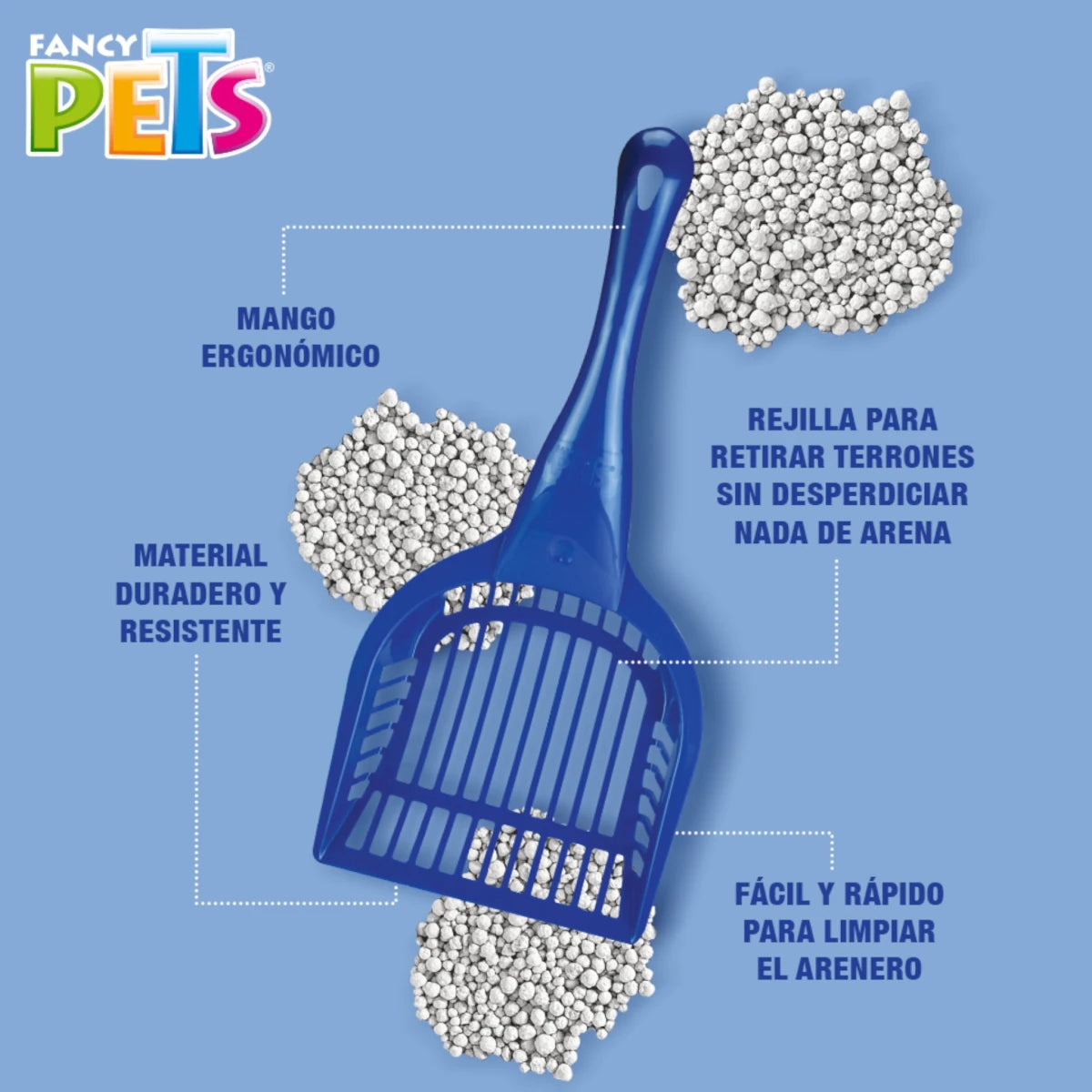 Acercamiento a la rejilla de la pala para gato diseñada para separar terrones de desecho sin desperdiciar arena limpia.