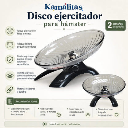 Infografía del disco ejercitador para hámster Dayang en tamaños chico y grande, ideal para apoyar el ejercicio, el desarrollo físico y el bienestar mental de pequeños roedores.
