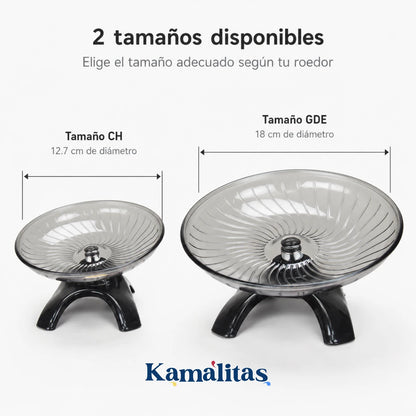 Comparación de tamaños del disco ejercitador para hámster Dayang, disponible en presentación chica de 12.7 cm y grande de 18 cm, ideal para pequeños roedores según su tamaño.