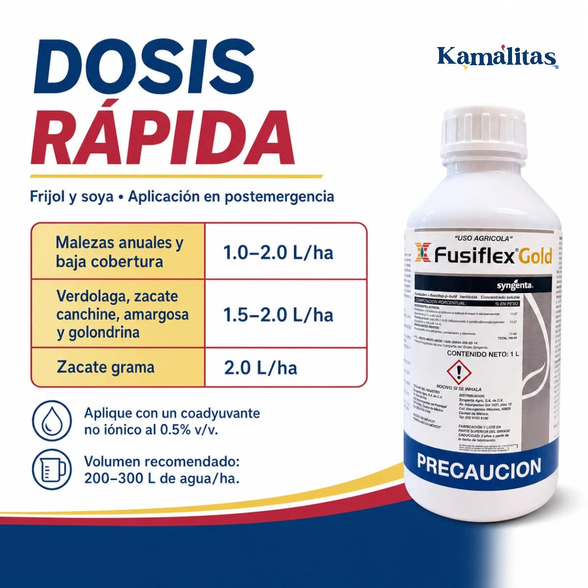 Tabla de dosis de Fusiflex Gold para controlar malezas de hoja ancha y gramíneas en frijol y soya