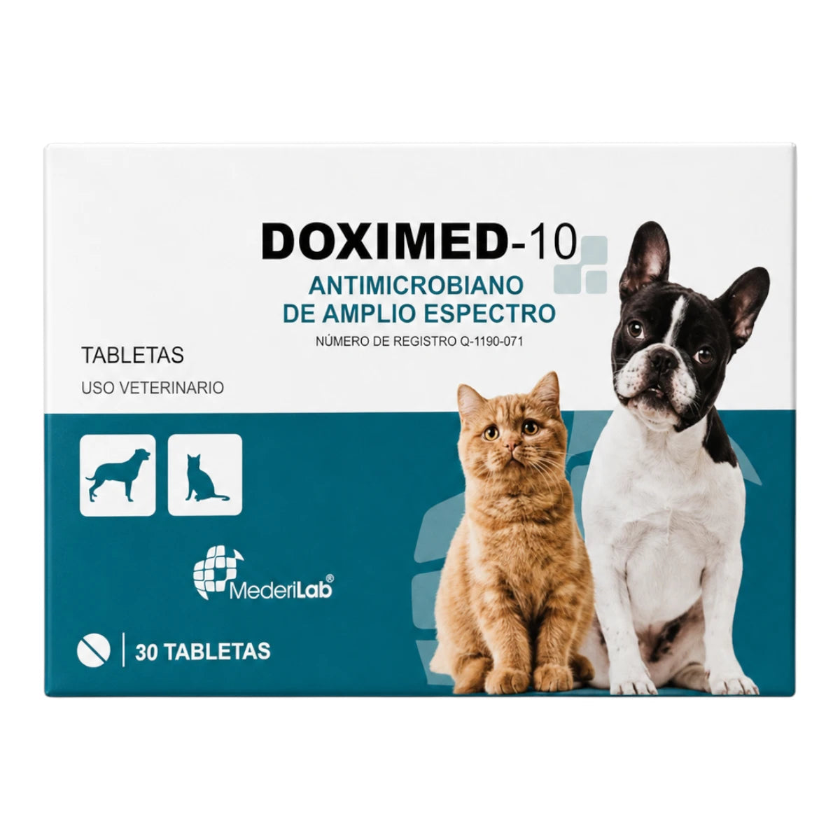 Caja de Doximed-10 de Laboratorio MederiLab, antibiótico oral en tabletas con Doxiciclina de 100 mg para el tratamiento de infecciones en perros y gatos.