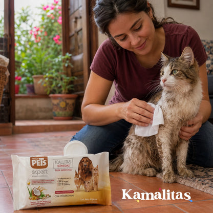 Limpieza rápida de un gato atigrado con el pelo lleno de tierra usando las toallitas desinfectantes Expert libres de alcohol, ideales para aportar brillo y sedosidad sin estresar a la mascota, en Kamalitas.
