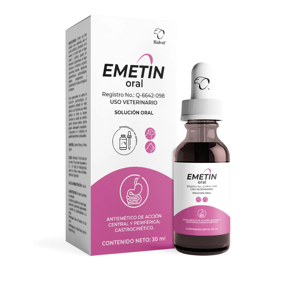 Caja y gotero de Halvet en presentación de 30 ml, ideal para el tratamiento de náuseas y control del vómito en perros y gatos.