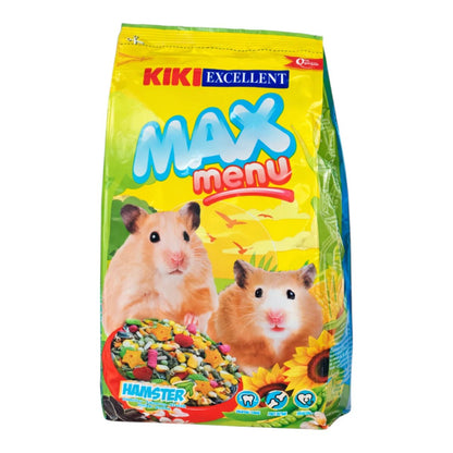 Bolsa de 1kg de alimento Kiki Max Menu para hámster con mezcla de semillas de girasol, cereales y guisantes verdes.