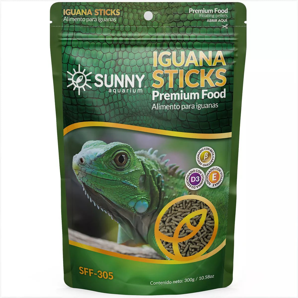 Empaque frontal del alimento Sunny para iguanas verdes y reptiles herbívoros en palitos con alta fibra y calcio.