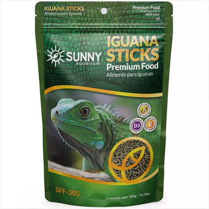 Empaque frontal del alimento Sunny para iguanas verdes y reptiles herbívoros en palitos con alta fibra y calcio.