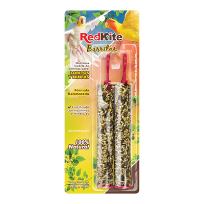 Empaque original de 2 piezas de barritas RedKite para loritos y ninfas con fórmula balanceada y fortificada.