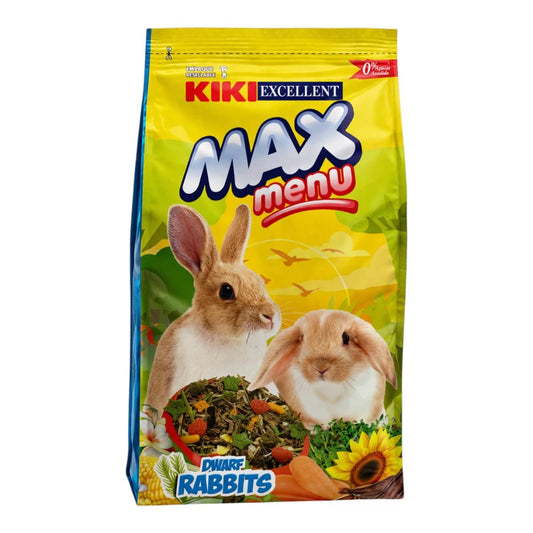 Empaque frontal de 1kg del alimento natural Kiki Max Menu para conejos con mezcla de alfalfa, cereales y hierbas silvestres.