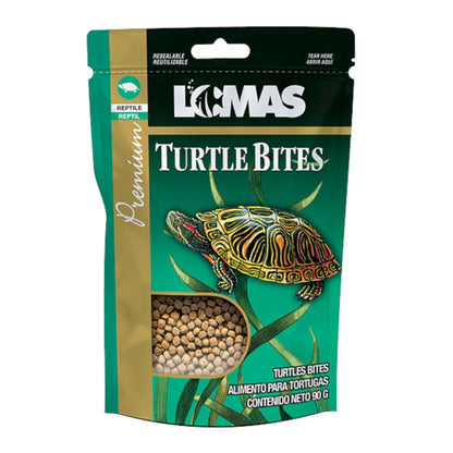 Bolsa de alimento premium para tortugas Lomas Turtle Bites de 90 gramos con empaque resellable.