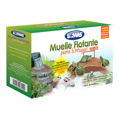 Caja de empaque original del muelle flotante para tortugas de la marca Lomas de 21 cm, ideal para crear una zona seca donde anfibios y reptiles pequeños puedan tomar el sol, en Kamalitas.