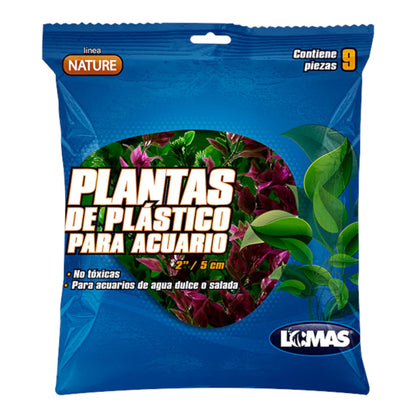 Bolsa del set Nature de Lomas con 9 plantas de plástico de 5cm para acuario, destacando que son no tóxicas y aptas para agua dulce o salada.