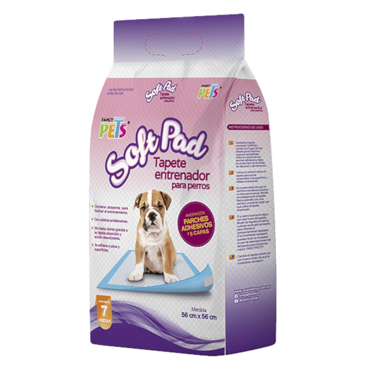 Empaque original de los tapetes entrenadores SoftPad de Fancy Pets presentación de 7 piezas, tamaño de 56 por 56 centímetros, mostrando un cachorro Bulldog, en Kamalitas.