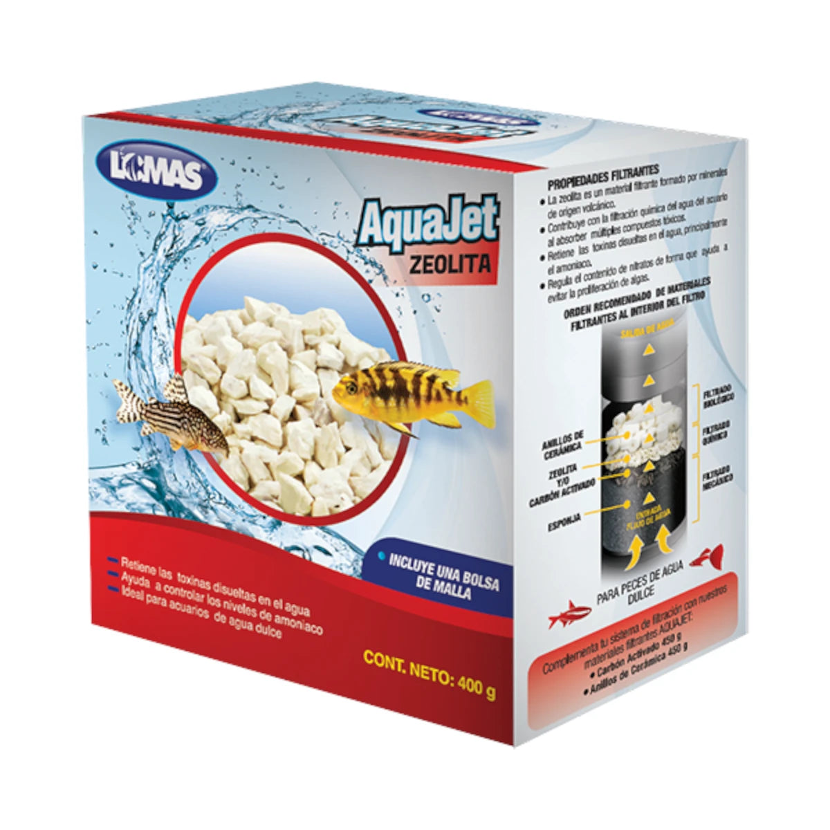 Empaque original en caja de la Zeolita AquaJet de la marca Lomas de 400 gramos, destacando que incluye una bolsa de malla y es ideal para acuarios de agua dulce, en Kamalitas.