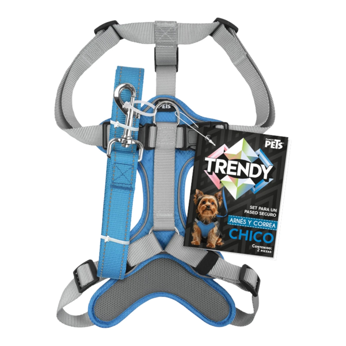 Set de paseo para perro Trendy color azul de Fancy Pets, incluye arnés de malla transpirable y correa con tiras reflectantes.