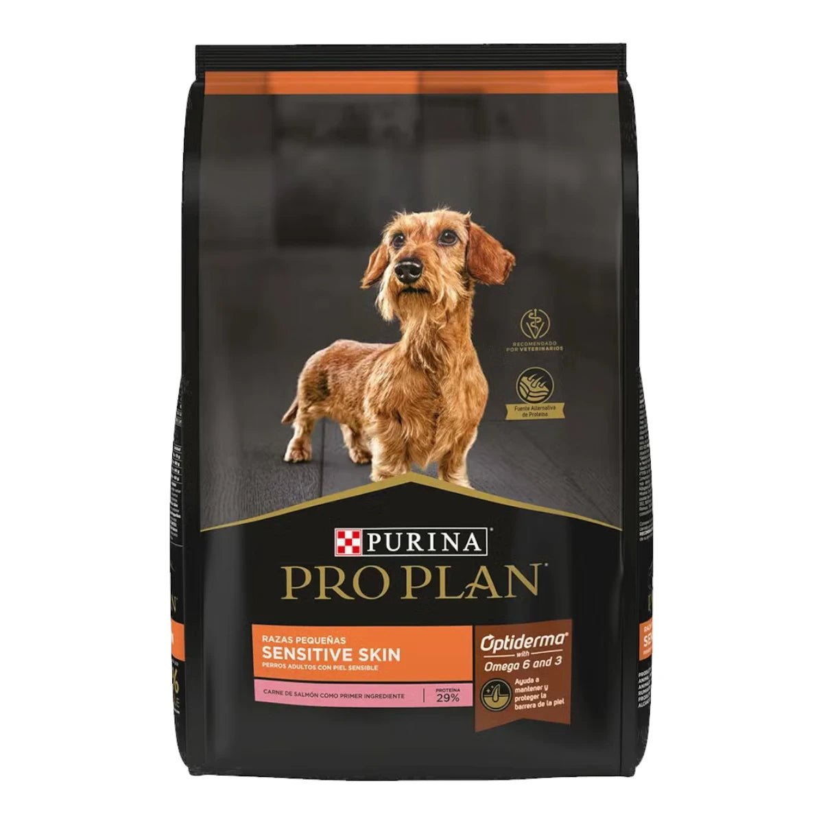 Vista frontal del empaque de alimento Pro Plan para perros adultos de raza pequeña con piel sensible sabor salmón y tecnología OptiDerma en presentaciones de 3 y 7.5kg.