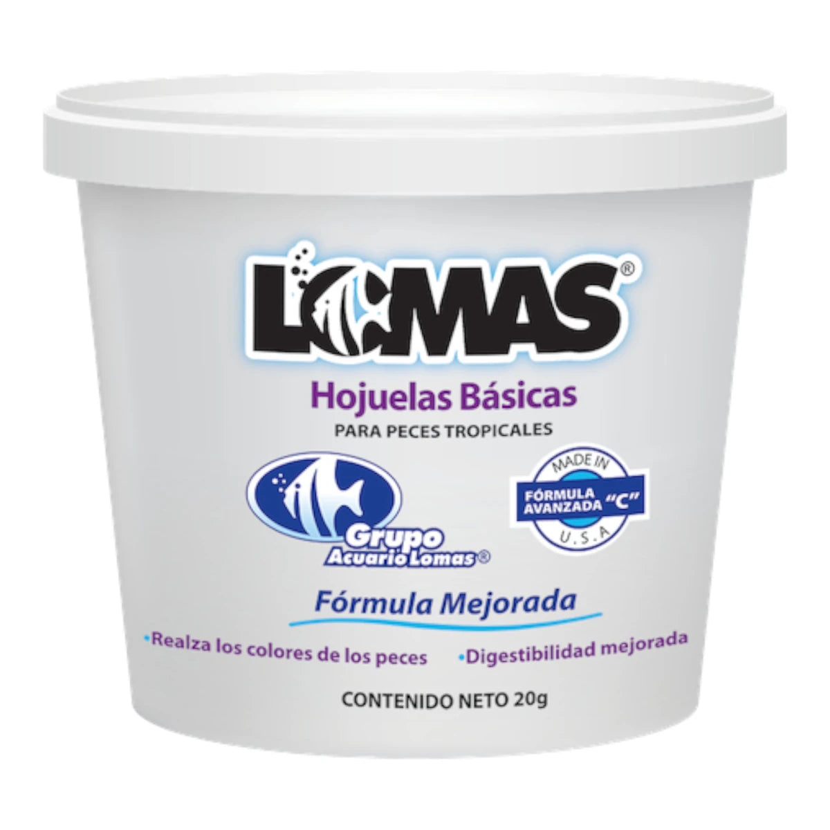 Alimento en hojuelas básicas Lomas de 20g, fórmula avanzada hecha en USA para una digestibilidad mejorada en peces de ornato.
