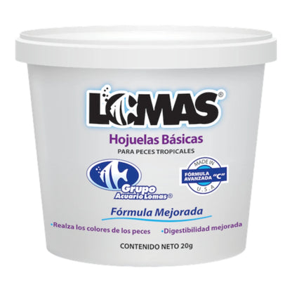 Alimento en hojuelas básicas Lomas de 20g, fórmula avanzada hecha en USA para una digestibilidad mejorada en peces de ornato.
