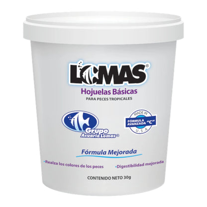 Bote de 120g de hojuelas básicas Lomas para peces tropicales con 20% de producto gratis y fórmula mejorada para realzar colores.
