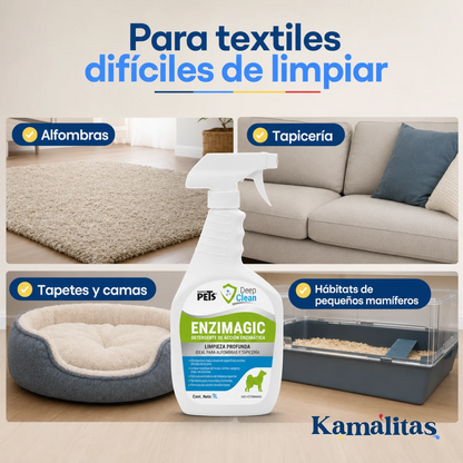 Enzimagic ayuda a tratar manchas, olores y residuos orgánicos en textiles difíciles de limpiar.